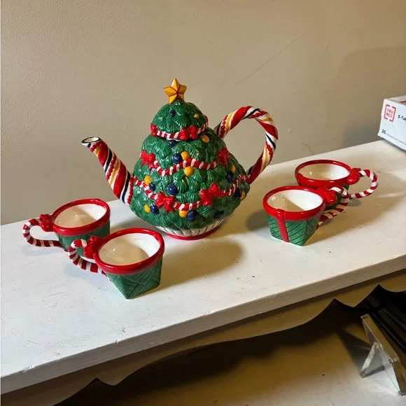 Vintage Retired Department 56 Christmas Tea "O Christmas Tree" Tea Set - Picture 4 of 16